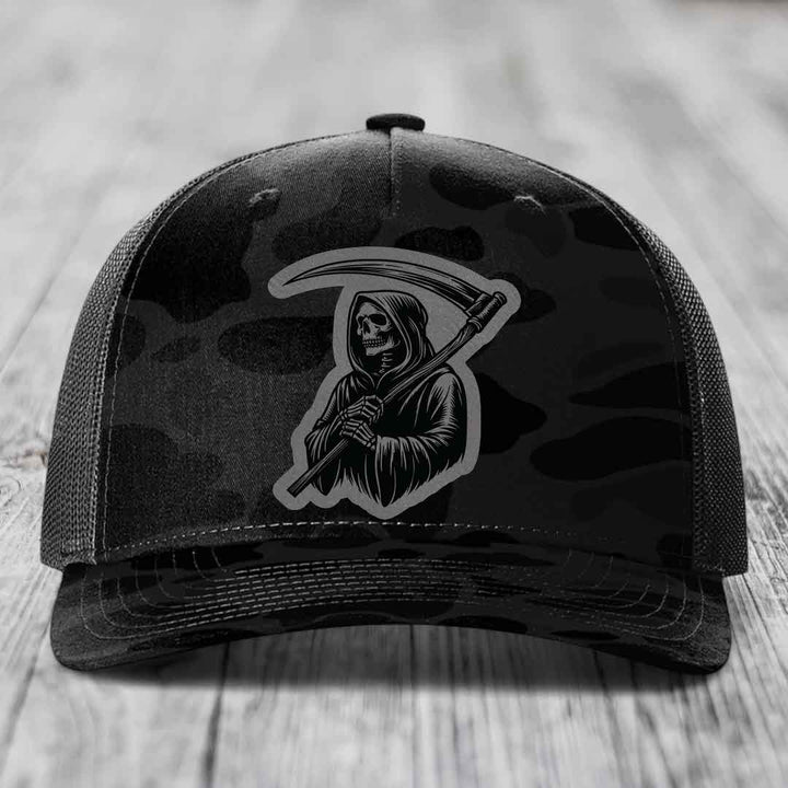 Grim Reaper - Leather Patch Hat - Grey to Black Patch - Richardson 112PFP Snapback Trucker Hat
