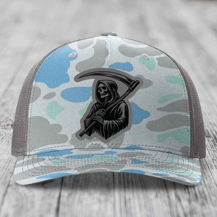 Grim Reaper - Leather Patch Hat - Grey to Black Patch - Richardson 112PFP Snapback Trucker Hat