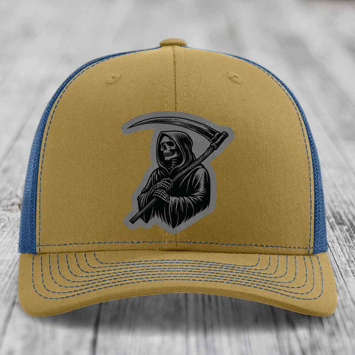 Grim Reaper - Leather Patch Hat - Grey to Black Patch - Richardson 112 Snapback Trucker Hat