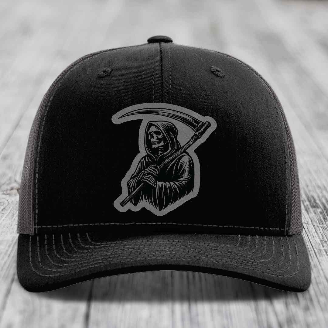 Grim Reaper - Leather Patch Hat - Grey to Black Patch - Richardson 112 Snapback Trucker Hat