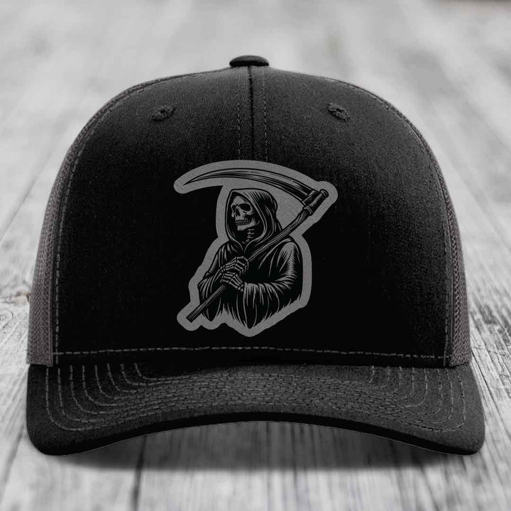 Grim Reaper - Leather Patch Hat - Grey to Black Patch - Richardson 112 Snapback Trucker Hat