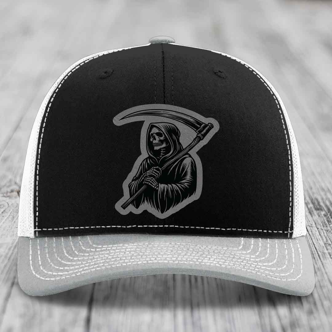 Grim Reaper - Leather Patch Hat - Grey to Black Patch - Richardson 112 Snapback Trucker Hat