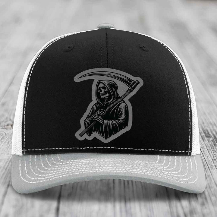 Grim Reaper - Leather Patch Hat - Grey to Black Patch - Richardson 112 Snapback Trucker Hat