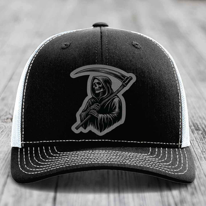 Grim Reaper - Leather Patch Hat - Grey to Black Patch - Richardson 112 Snapback Trucker Hat