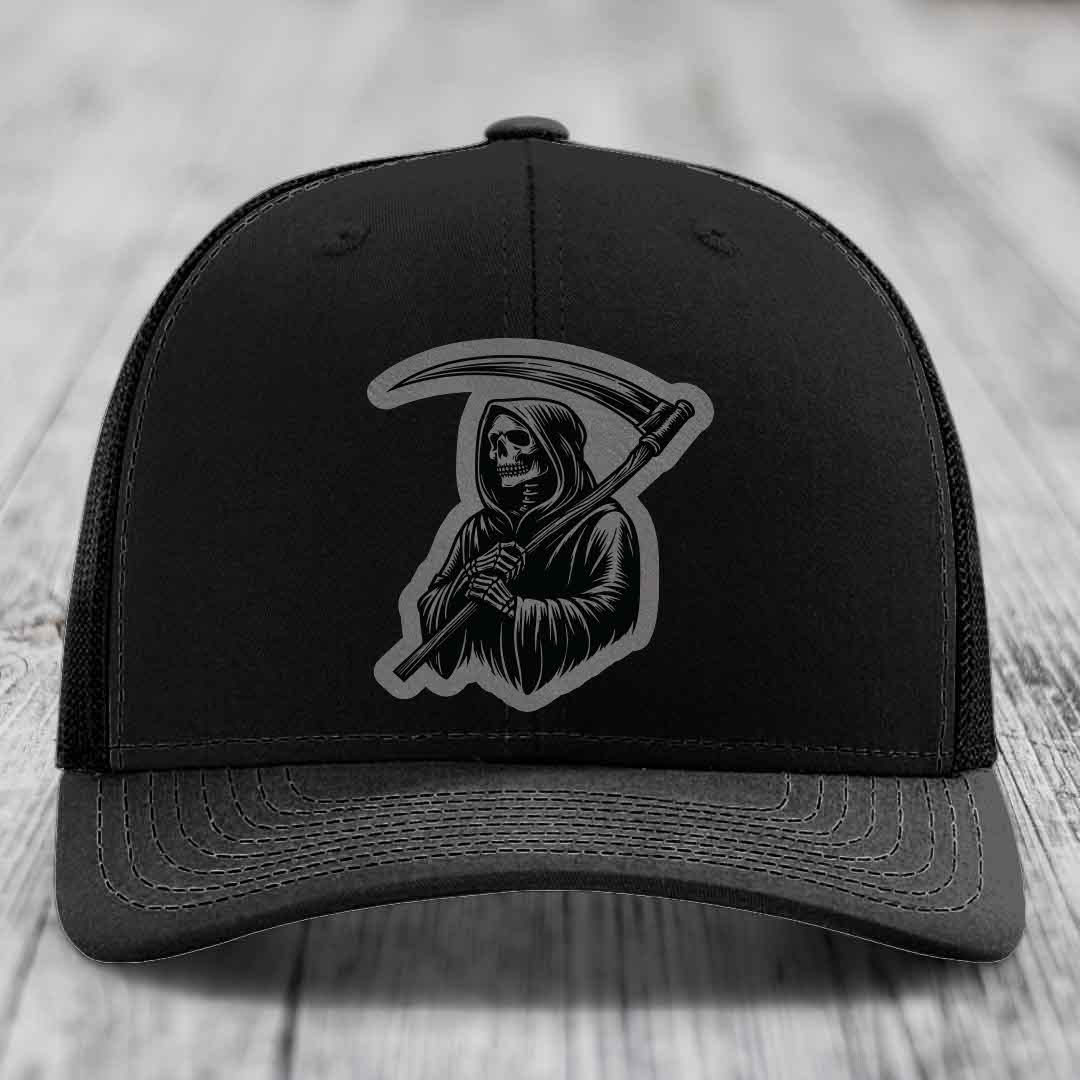 Grim Reaper - Leather Patch Hat - Grey to Black Patch - Richardson 112 Snapback Trucker Hat