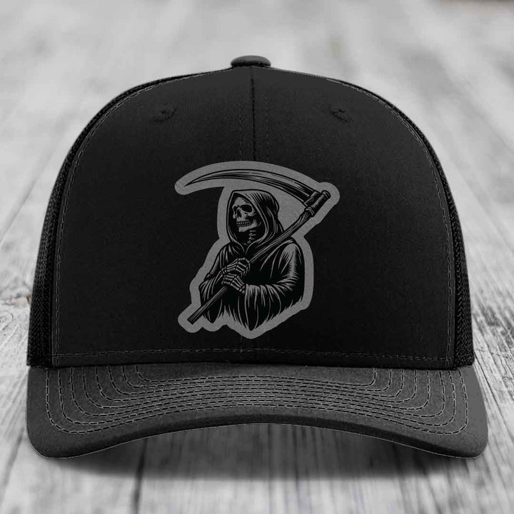 Grim Reaper - Leather Patch Hat - Grey to Black Patch - Richardson 112 Snapback Trucker Hat