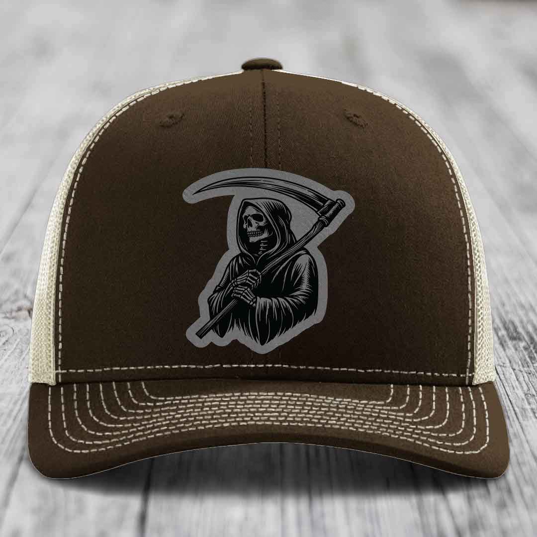 Grim Reaper - Leather Patch Hat - Grey to Black Patch - Richardson 112 Snapback Trucker Hat