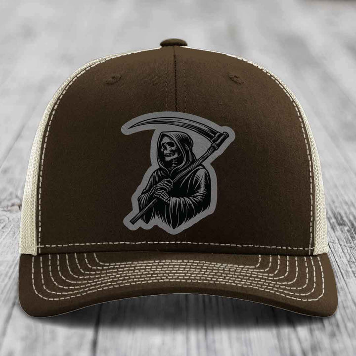 Grim Reaper - Leather Patch Hat - Grey to Black Patch - Richardson 112 Snapback Trucker Hat