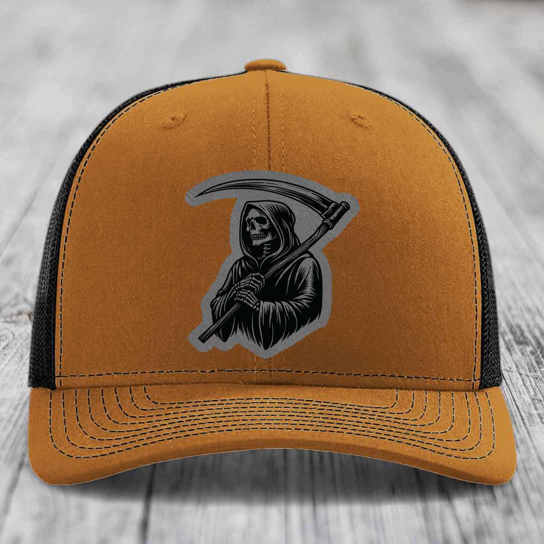 Grim Reaper - Leather Patch Hat - Grey to Black Patch - Richardson 112 Snapback Trucker Hat