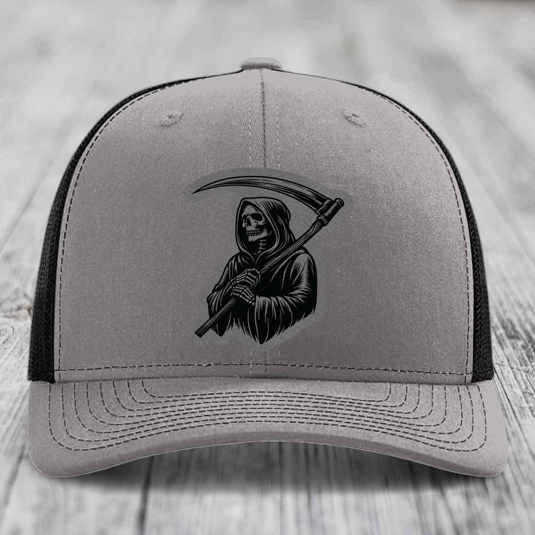 Grim Reaper - Leather Patch Hat - Grey to Black Patch - Richardson 112 Snapback Trucker Hat