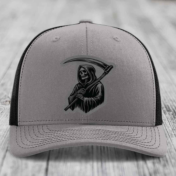 Grim Reaper - Leather Patch Hat - Grey to Black Patch - Richardson 112 Snapback Trucker Hat