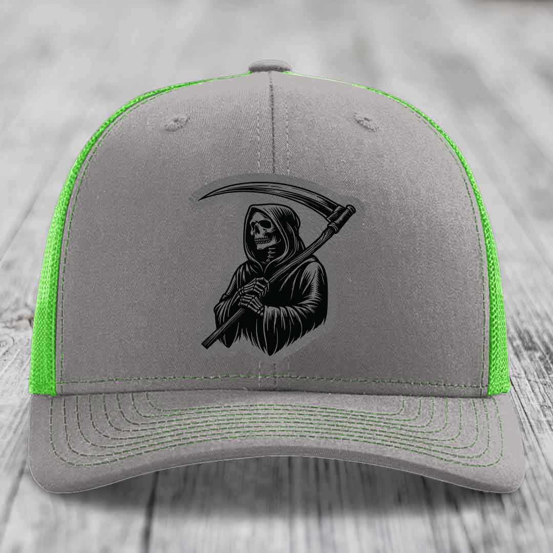 Grim Reaper - Leather Patch Hat - Grey to Black Patch - Richardson 112 Snapback Trucker Hat
