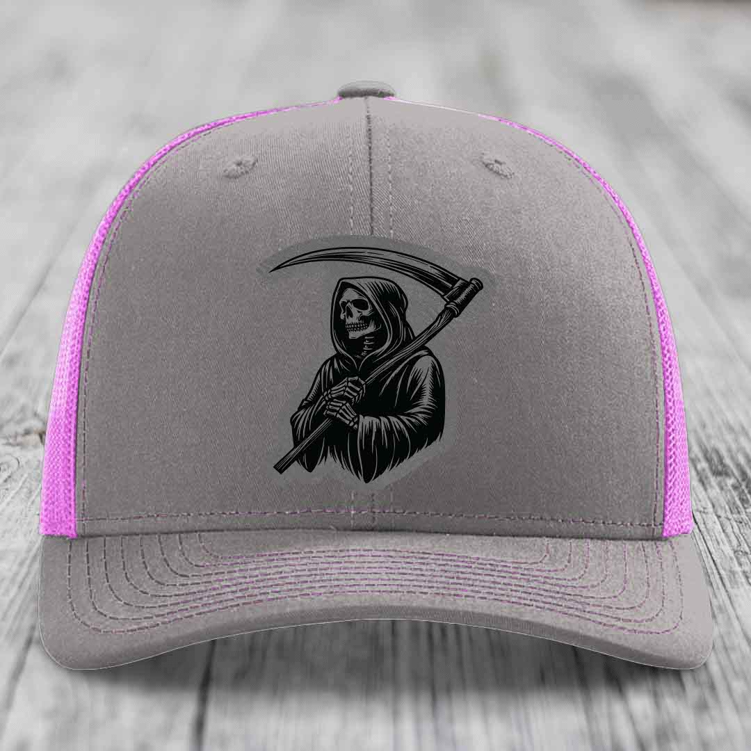Grim Reaper - Leather Patch Hat - Grey to Black Patch - Richardson 112 Snapback Trucker Hat