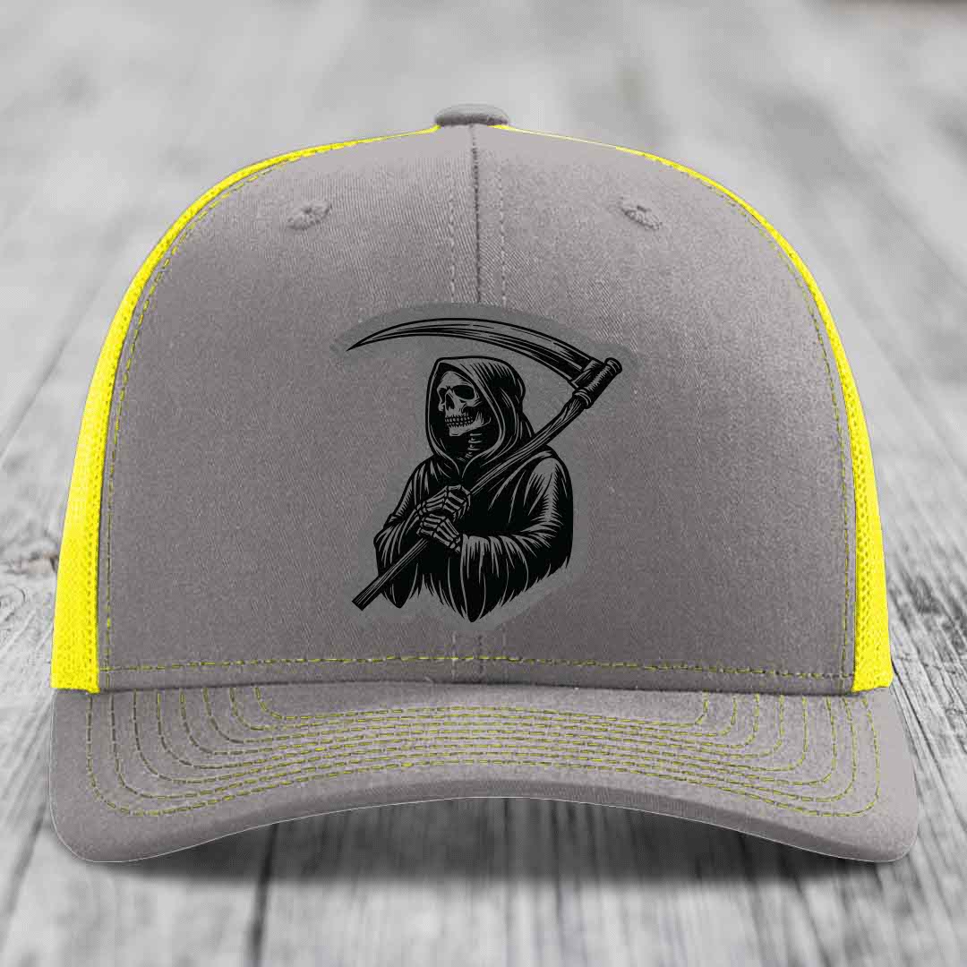 Grim Reaper - Leather Patch Hat - Grey to Black Patch - Richardson 112 Snapback Trucker Hat