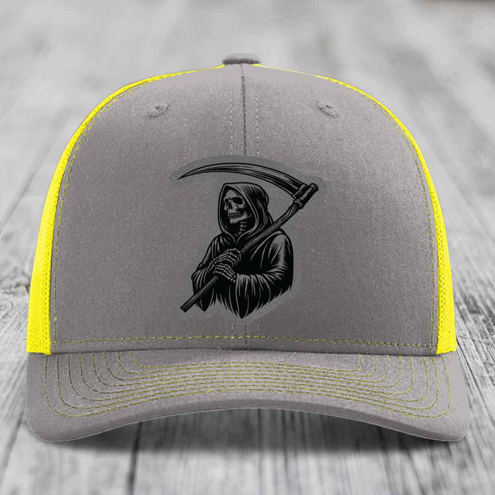 Grim Reaper - Leather Patch Hat - Grey to Black Patch - Richardson 112 Snapback Trucker Hat