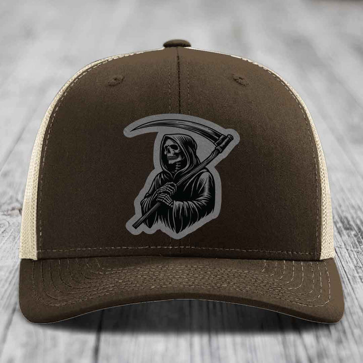 Grim Reaper - Leather Patch Hat - Grey to Black Patch - Richardson 112 Snapback Trucker Hat