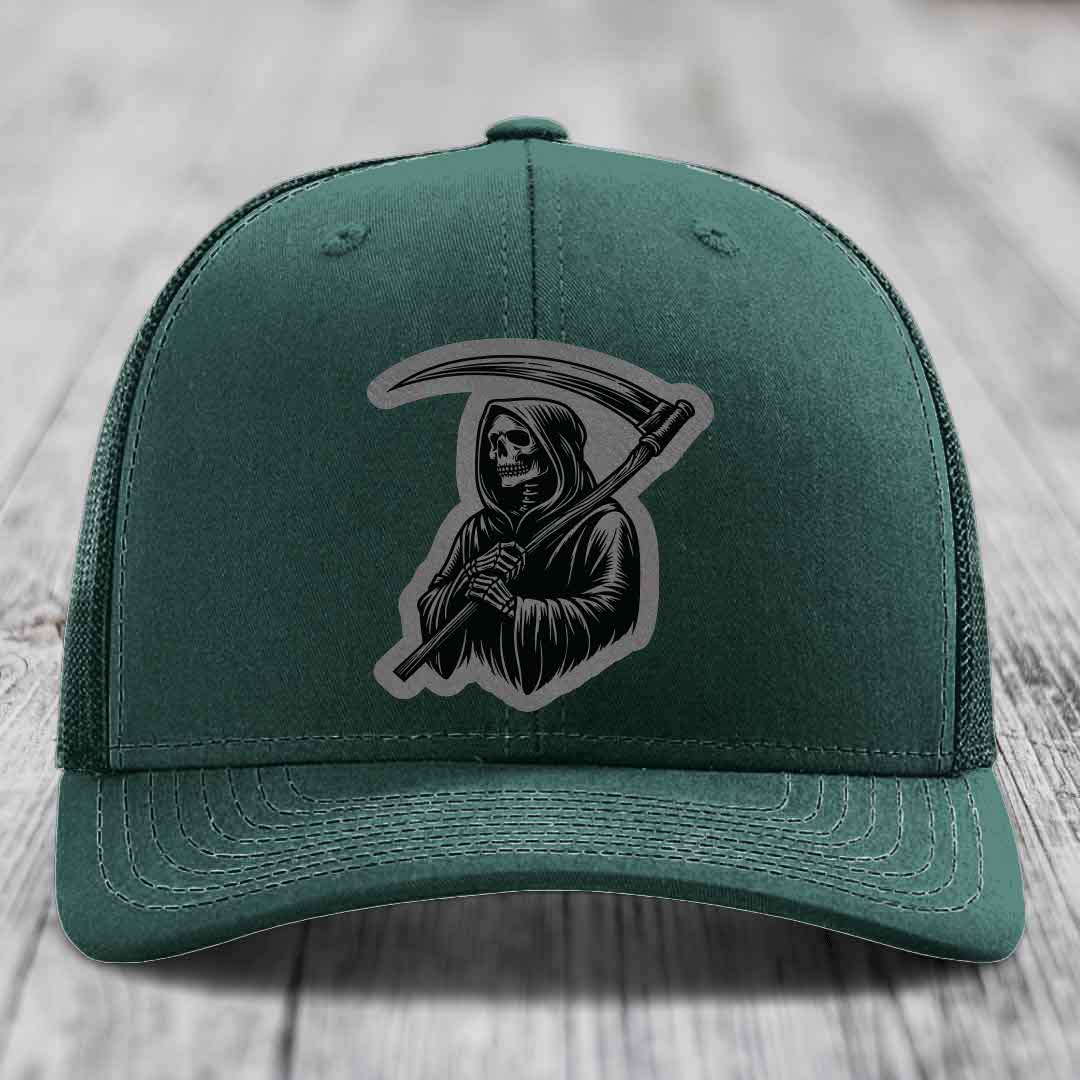 Grim Reaper - Leather Patch Hat - Grey to Black Patch - Richardson 112 Snapback Trucker Hat