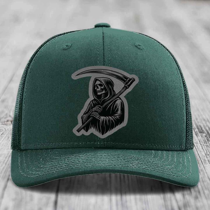 Grim Reaper - Leather Patch Hat - Grey to Black Patch - Richardson 112 Snapback Trucker Hat