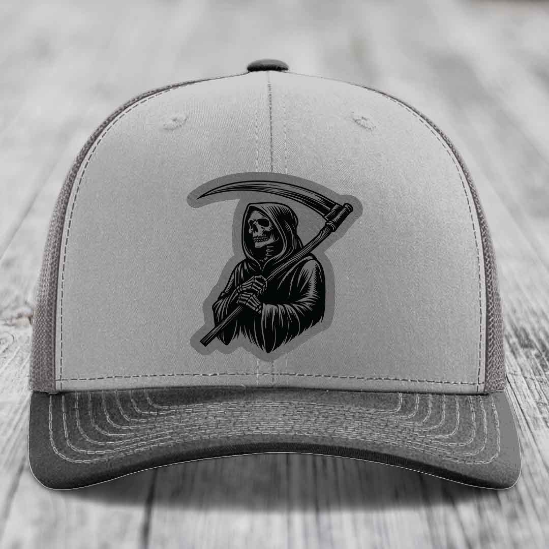 Grim Reaper - Leather Patch Hat - Grey to Black Patch - Richardson 112 Snapback Trucker Hat