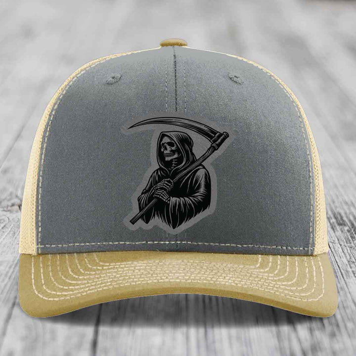 Grim Reaper - Leather Patch Hat - Grey to Black Patch - Richardson 112 Snapback Trucker Hat