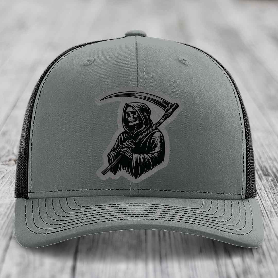Grim Reaper - Leather Patch Hat - Grey to Black Patch - Richardson 112 Snapback Trucker Hat