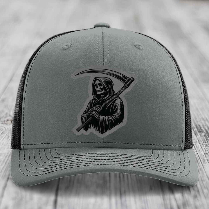 Grim Reaper - Leather Patch Hat - Grey to Black Patch - Richardson 112 Snapback Trucker Hat