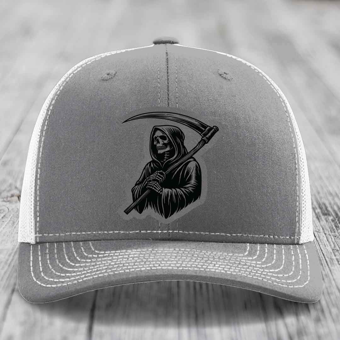 Grim Reaper - Leather Patch Hat - Grey to Black Patch - Richardson 112 Snapback Trucker Hat