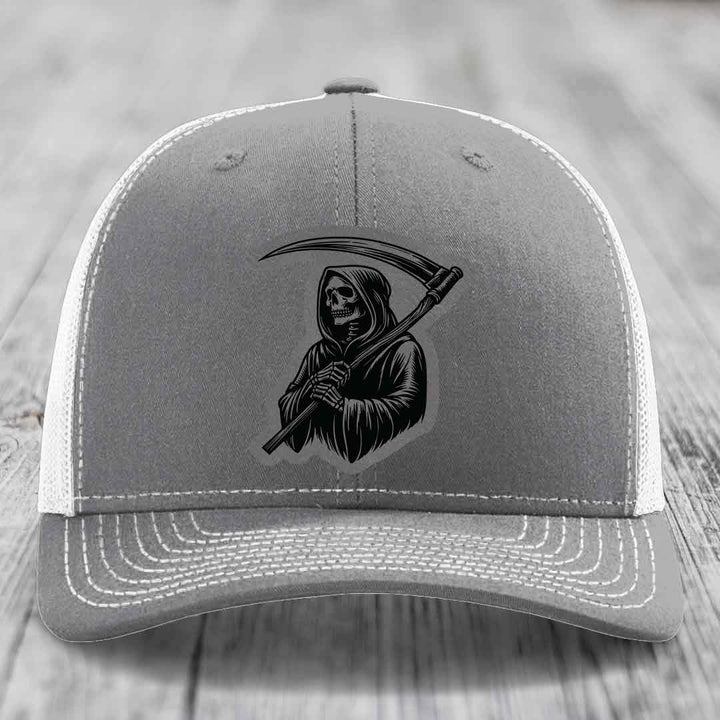 Grim Reaper - Leather Patch Hat - Grey to Black Patch - Richardson 112 Snapback Trucker Hat