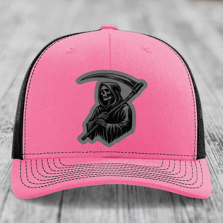 Grim Reaper - Leather Patch Hat - Grey to Black Patch - Richardson 112 Snapback Trucker Hat
