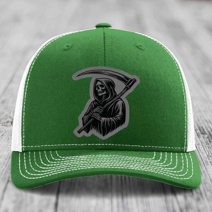 Grim Reaper - Leather Patch Hat - Grey to Black Patch - Richardson 112 Snapback Trucker Hat
