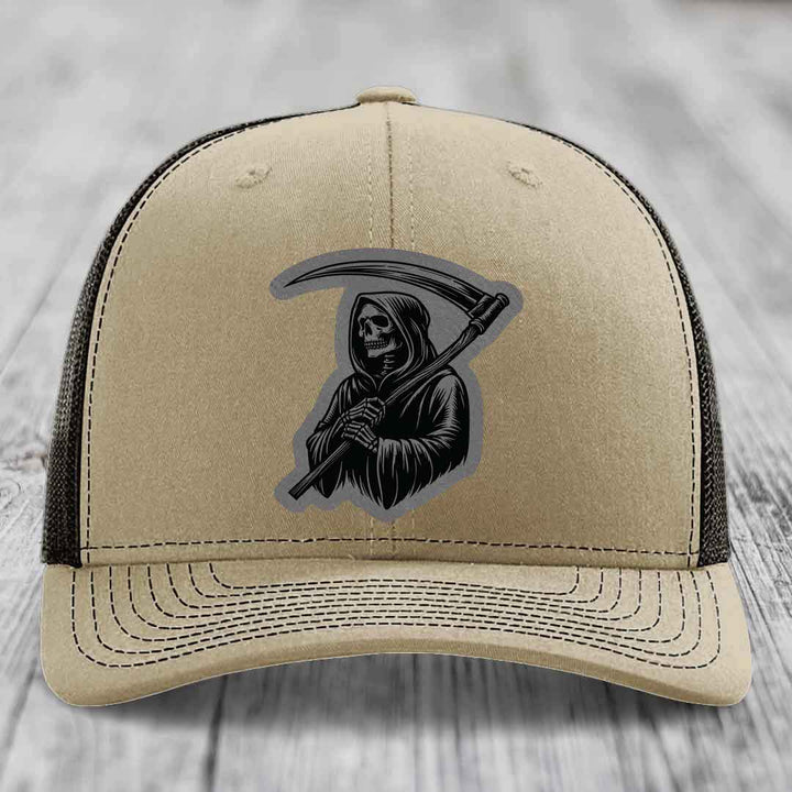 Grim Reaper - Leather Patch Hat - Grey to Black Patch - Richardson 112 Snapback Trucker Hat