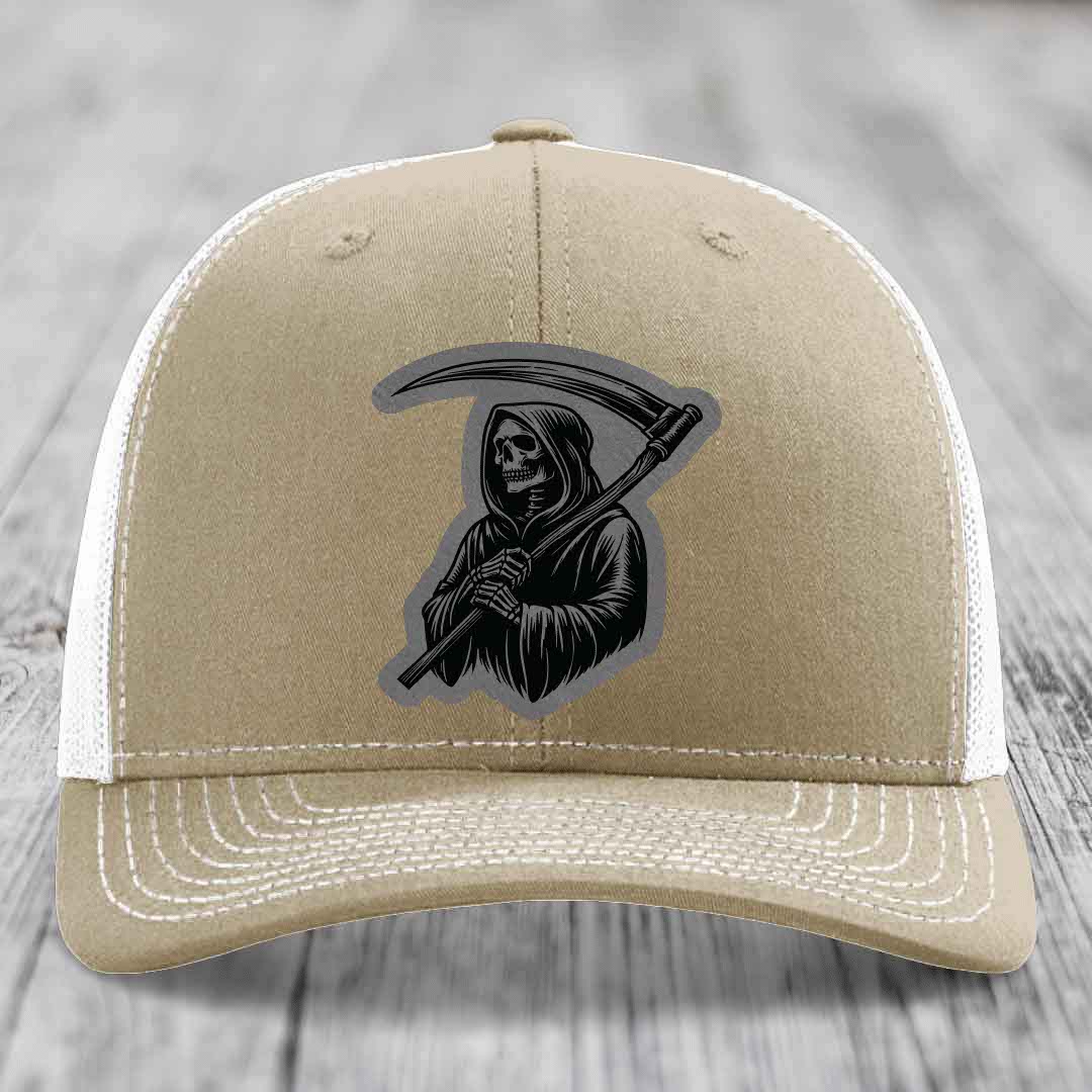 Grim Reaper - Leather Patch Hat - Grey to Black Patch - Richardson 112 Snapback Trucker Hat