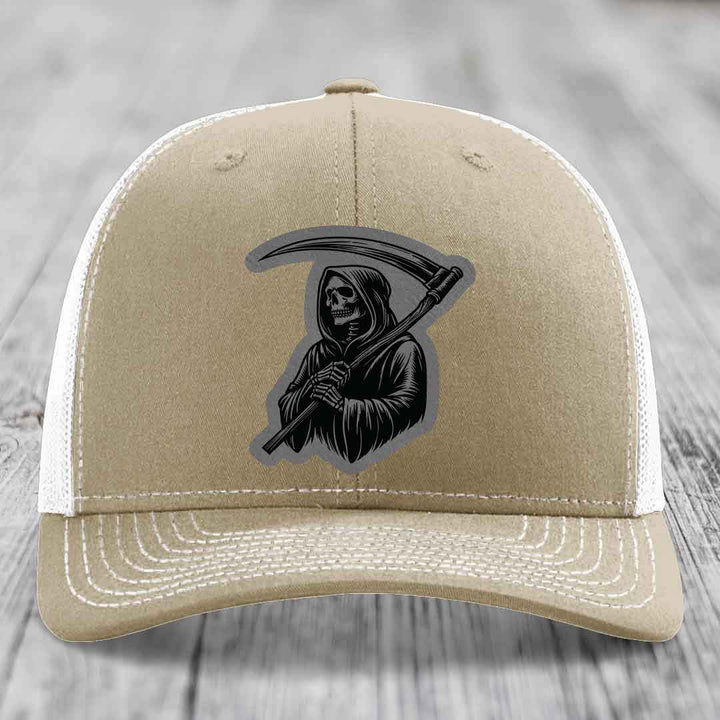 Grim Reaper - Leather Patch Hat - Grey to Black Patch - Richardson 112 Snapback Trucker Hat