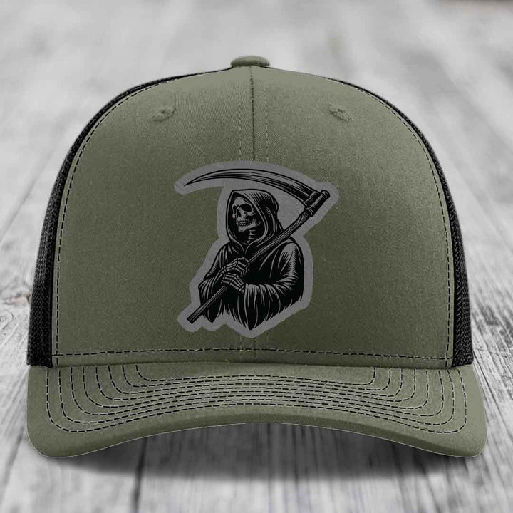 Grim Reaper - Leather Patch Hat - Grey to Black Patch - Richardson 112 Snapback Trucker Hat