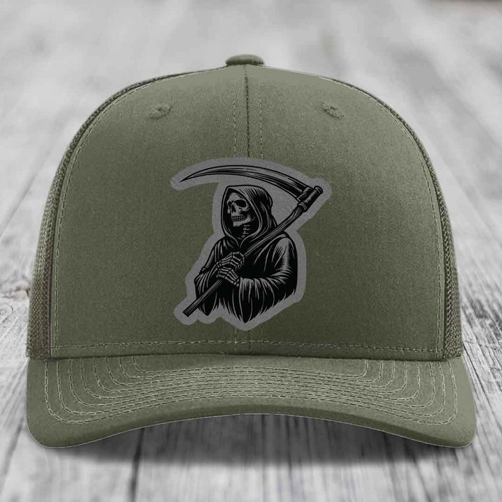 Grim Reaper - Leather Patch Hat - Grey to Black Patch - Richardson 112 Snapback Trucker Hat
