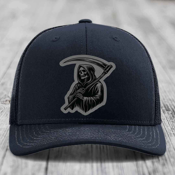 Grim Reaper - Leather Patch Hat - Grey to Black Patch - Richardson 112 Snapback Trucker Hat