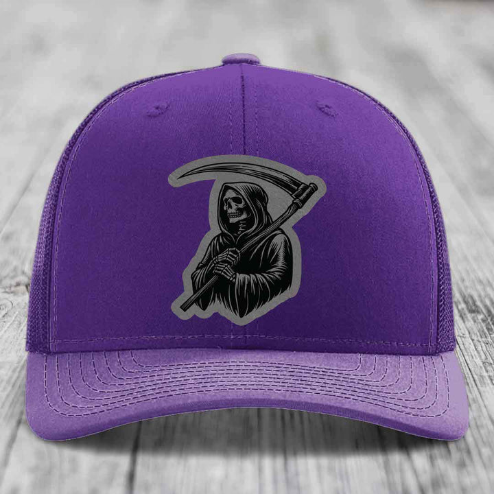 Grim Reaper - Leather Patch Hat - Grey to Black Patch - Richardson 112 Snapback Trucker Hat