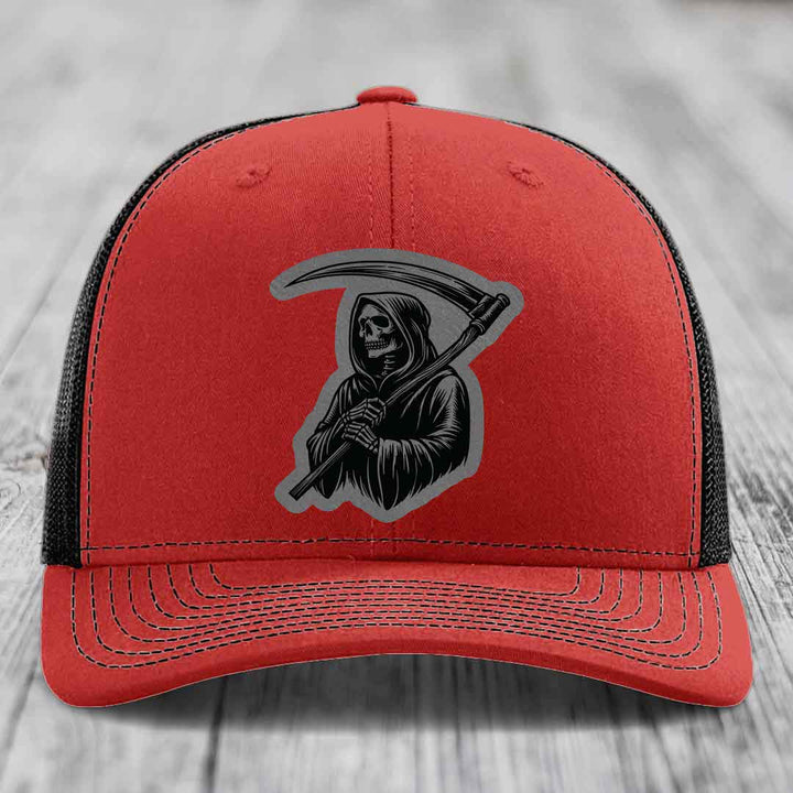 Grim Reaper - Leather Patch Hat - Grey to Black Patch - Richardson 112 Snapback Trucker Hat