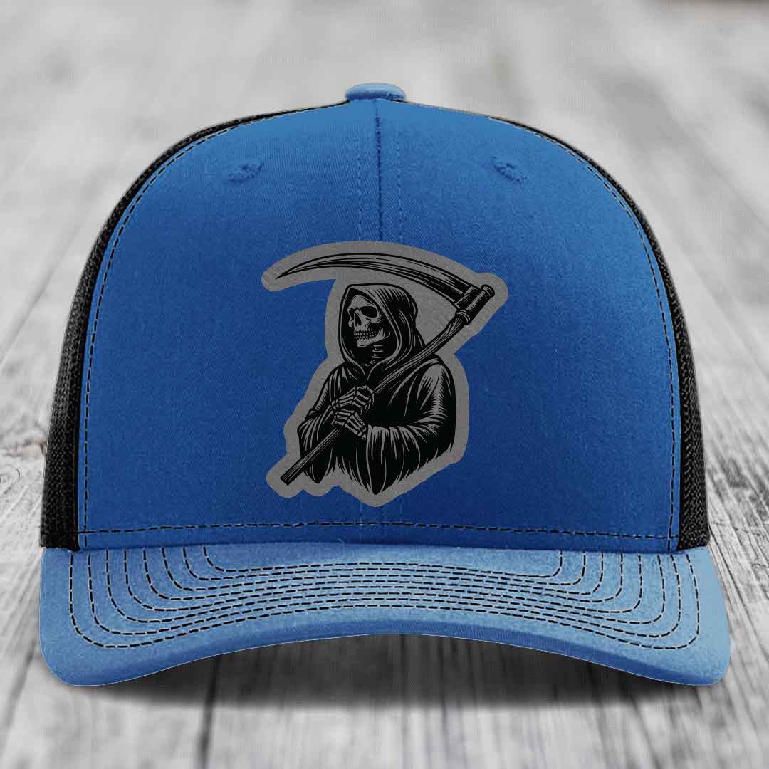 Grim Reaper - Leather Patch Hat - Grey to Black Patch - Richardson 112 Snapback Trucker Hat