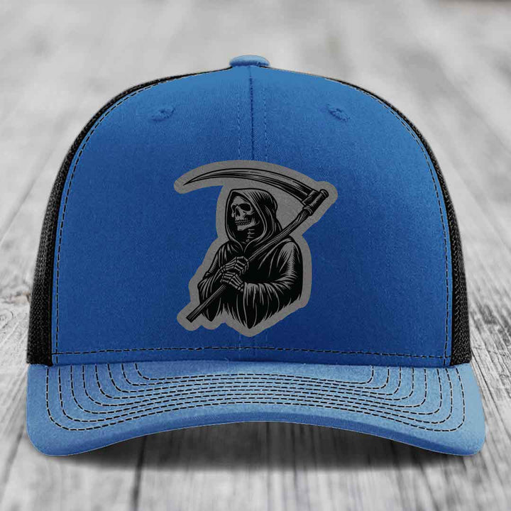 Grim Reaper - Leather Patch Hat - Grey to Black Patch - Richardson 112 Snapback Trucker Hat