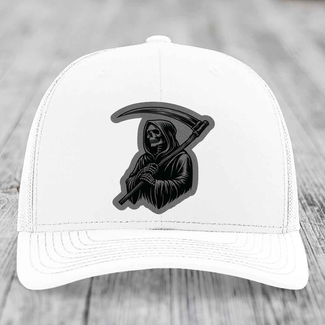 Grim Reaper - Leather Patch Hat - Grey to Black Patch - Richardson 112 Snapback Trucker Hat
