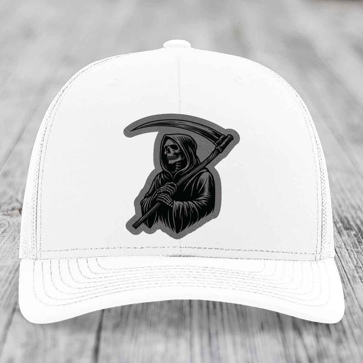 Grim Reaper - Leather Patch Hat - Grey to Black Patch - Richardson 112 Snapback Trucker Hat
