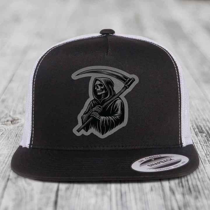 Grim Reaper - Leather Patch Hat - Grey to Black Patch - Yupoong 6006 Snapback Flatbill Hat