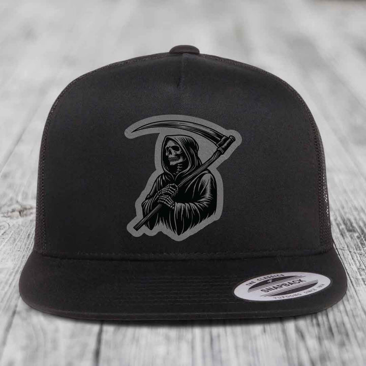 Grim Reaper - Leather Patch Hat - Grey to Black Patch - Yupoong 6006 Snapback Flatbill Hat