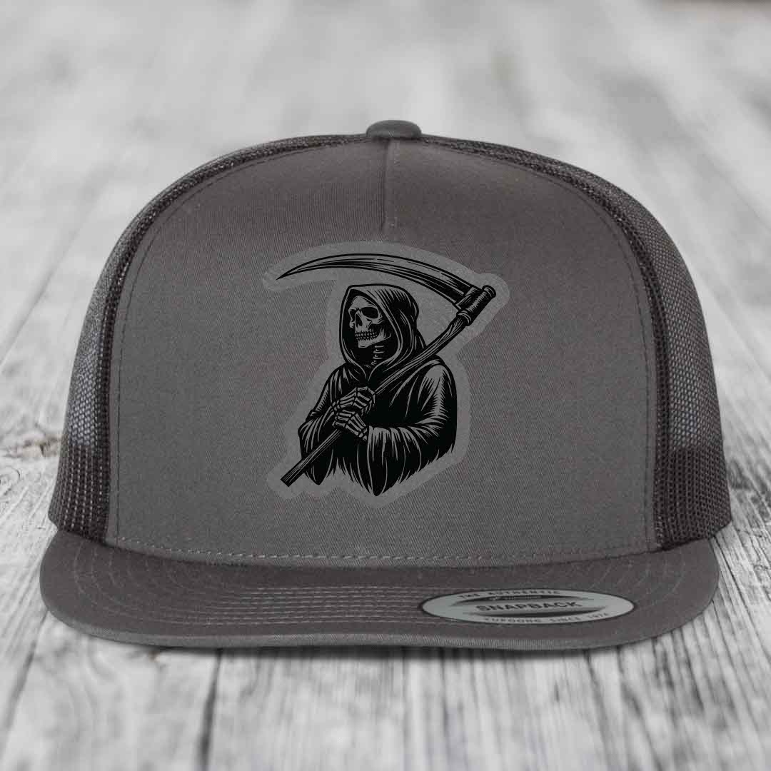Grim Reaper - Leather Patch Hat - Grey to Black Patch - Yupoong 6006 Snapback Flatbill Hat