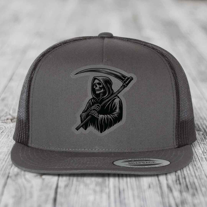 Grim Reaper - Leather Patch Hat - Grey to Black Patch - Yupoong 6006 Snapback Flatbill Hat