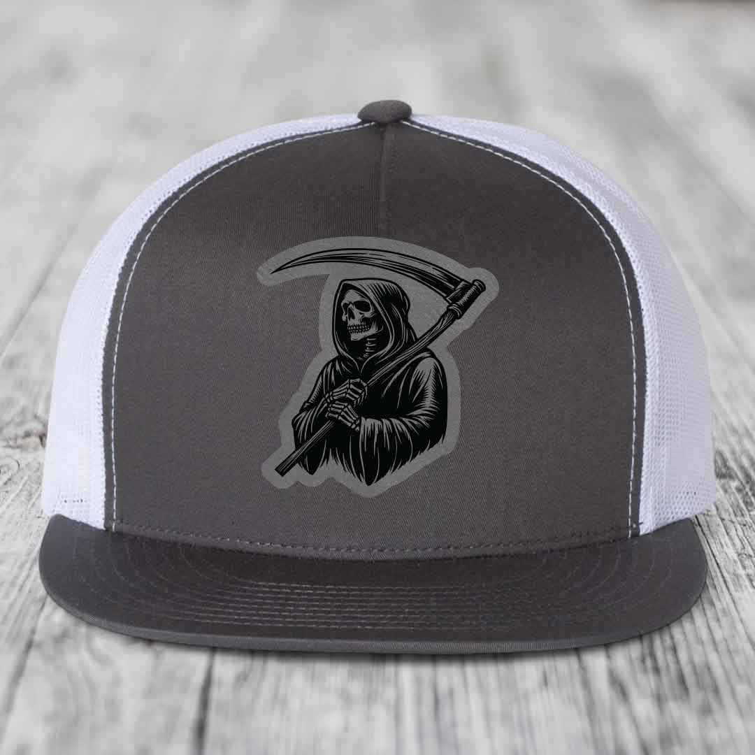 Grim Reaper - Leather Patch Hat - Grey to Black Patch - Yupoong 6006 Snapback Flatbill Hat