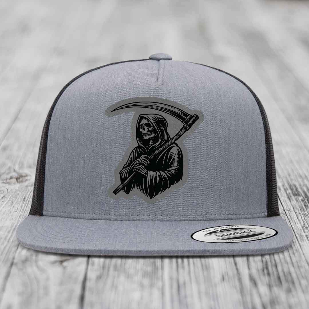 Grim Reaper - Leather Patch Hat - Grey to Black Patch - Yupoong 6006 Snapback Flatbill Hat