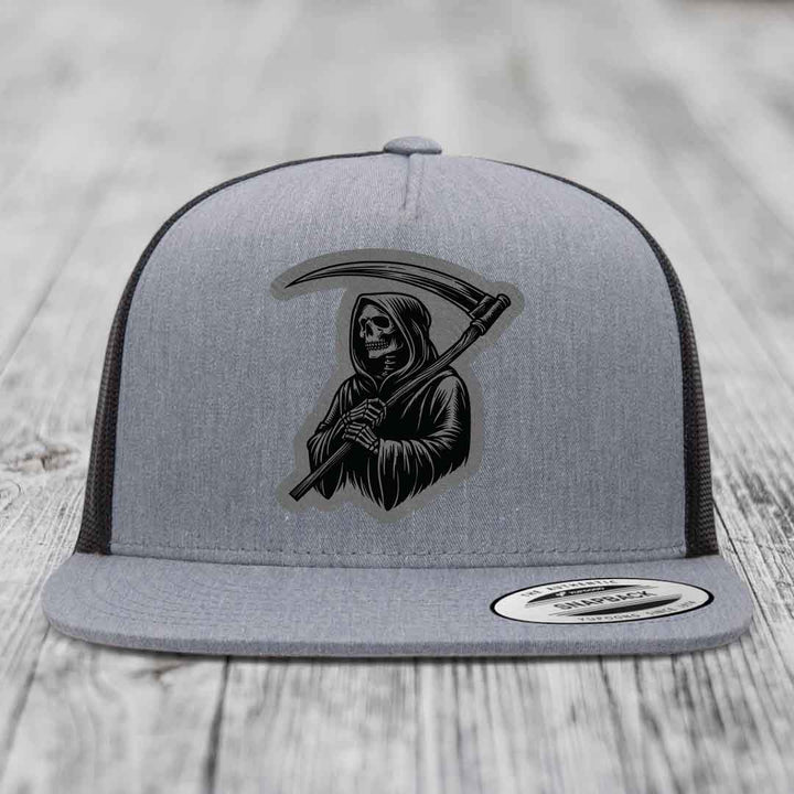 Grim Reaper - Leather Patch Hat - Grey to Black Patch - Yupoong 6006 Snapback Flatbill Hat