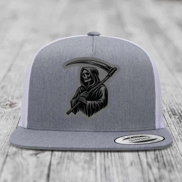Grim Reaper - Leather Patch Hat - Grey to Black Patch - Yupoong 6006 Snapback Flatbill Hat